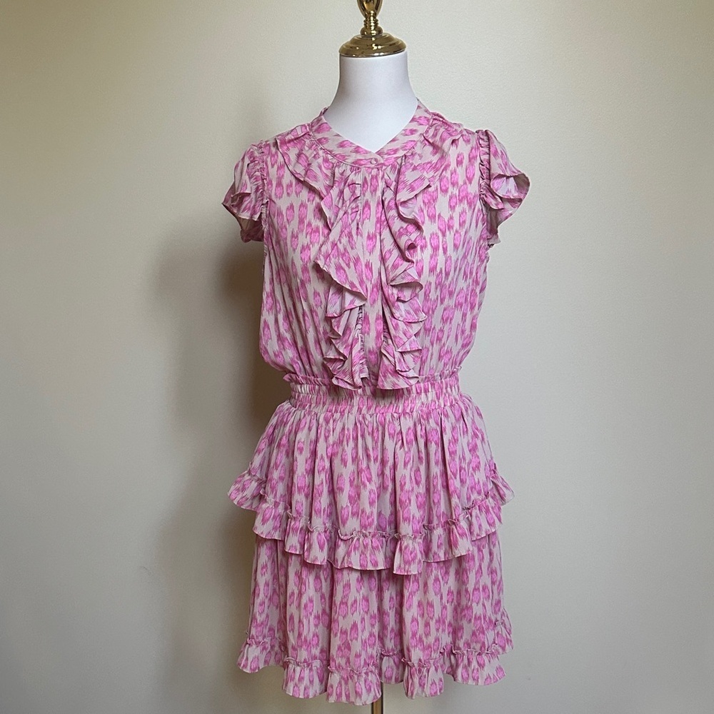 Buddy Love Astrid Pink Ikat Ruffle Tiered Mini Dress Smocked Waist Medium